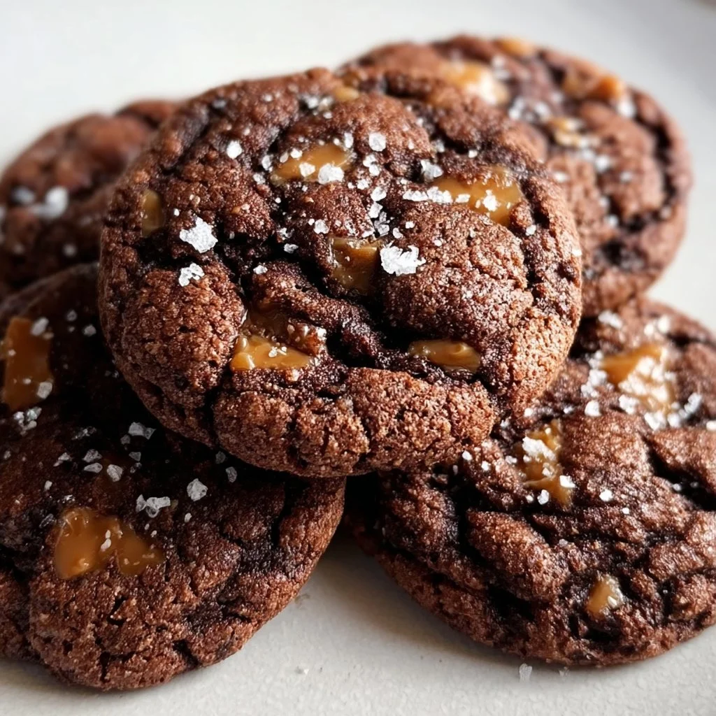 Double chocolate salted caramel cookies on a baking sheet.