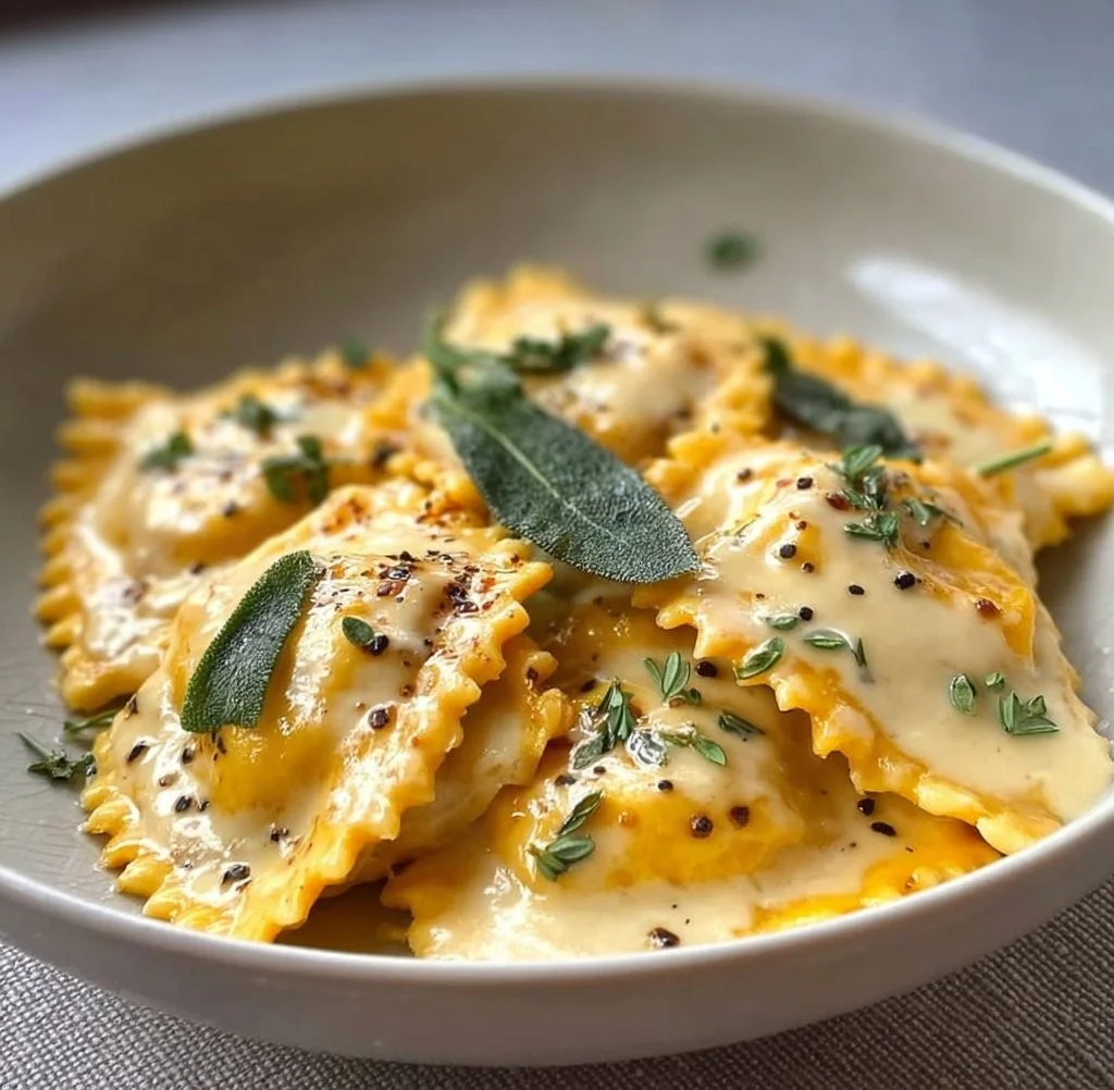 Easy butternut squash ravioli with maple cream sauce on a plate