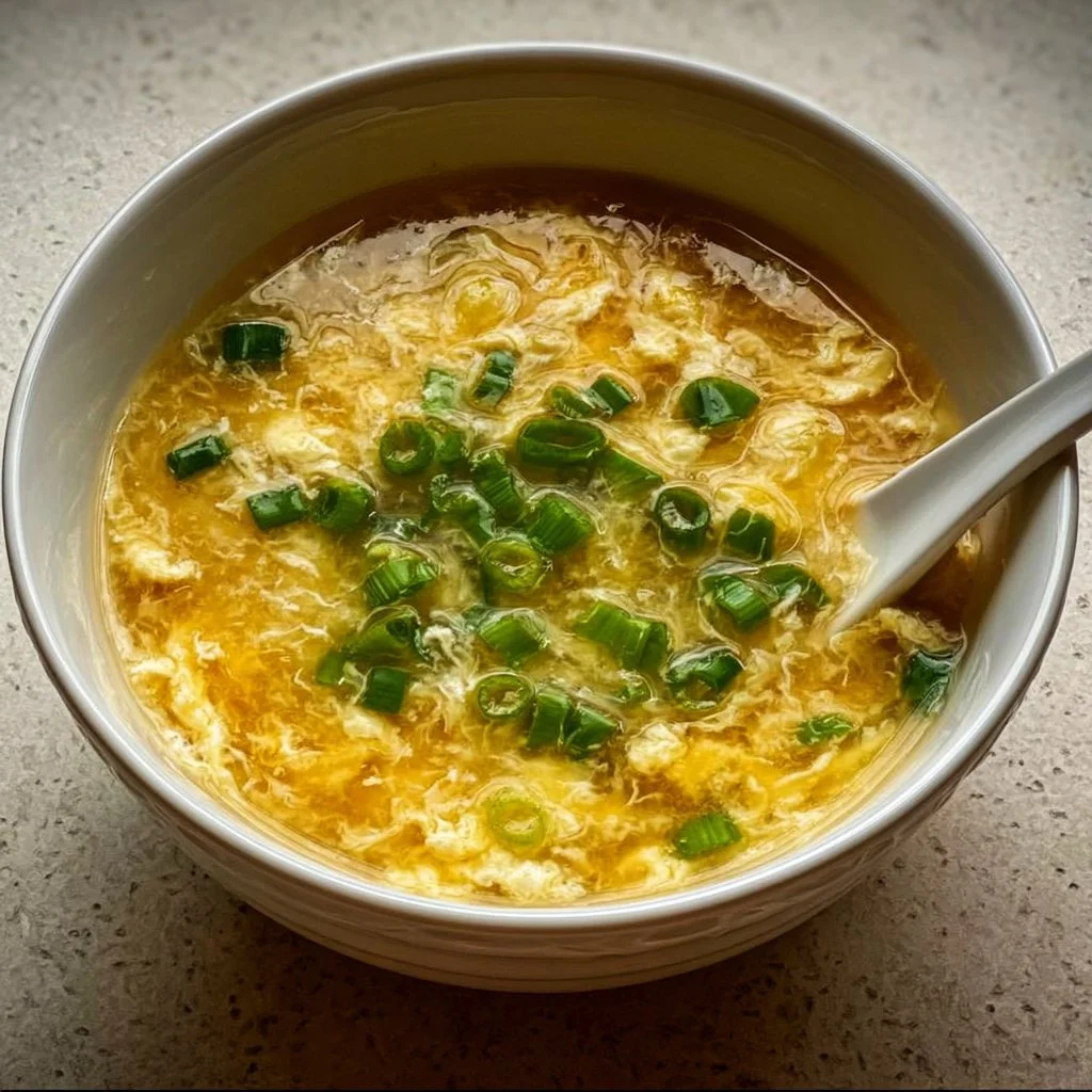 Bowl of homemade Egg Drop Soup with silky egg ribbons and green onions