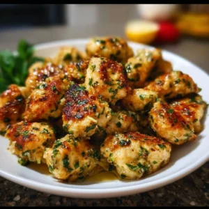 Garlic Butter Chicken Bites garnished with herbs on a plate
