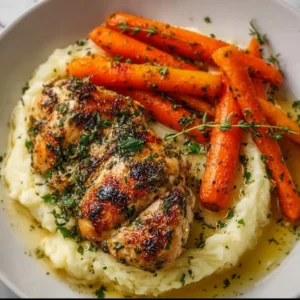 Delicious Garlic Herb Chicken with creamy mashed potatoes and roasted carrots on a plate.