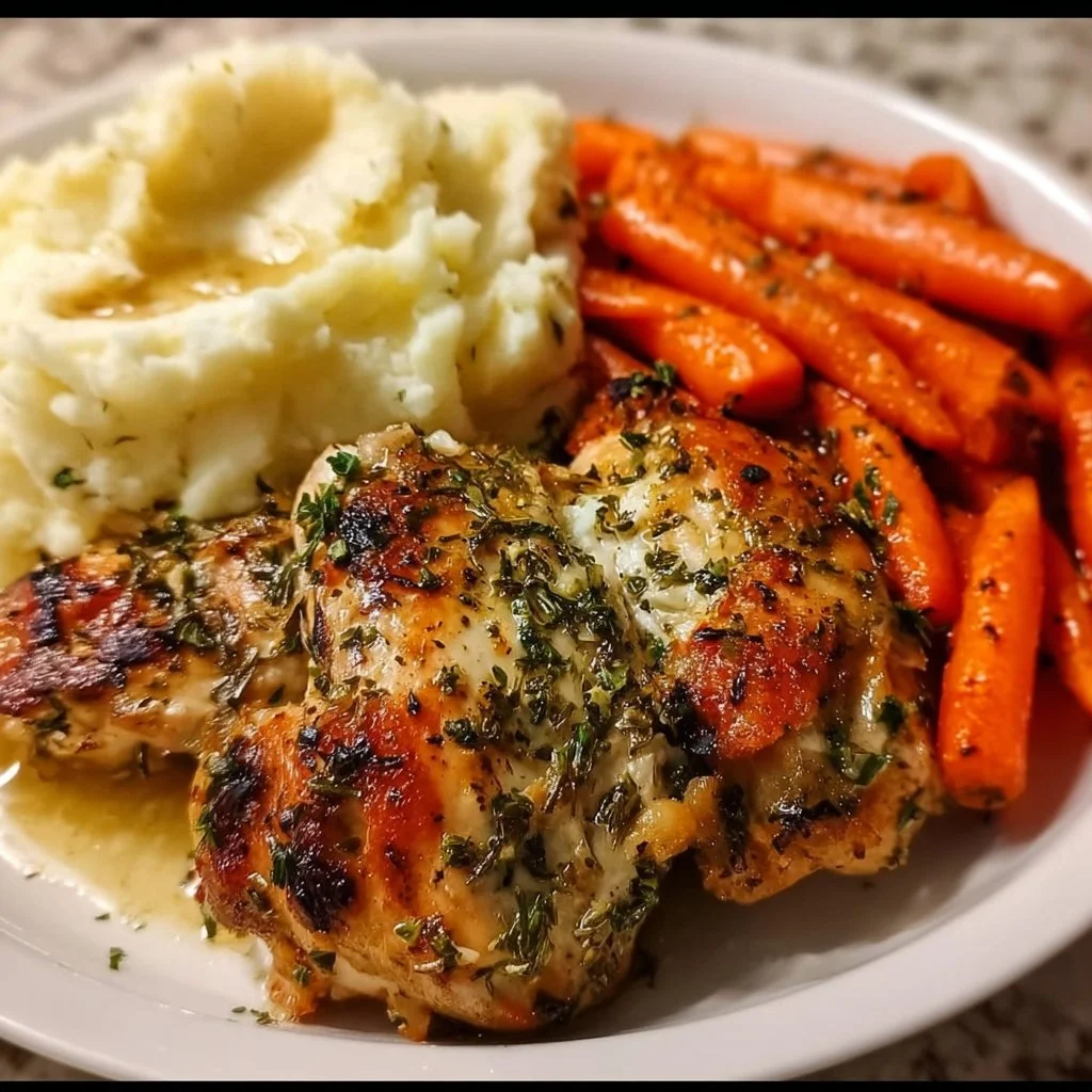 Garlic Herb Chicken with Creamy Mash & Roasted Carrots