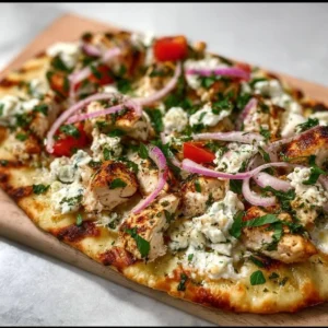 Delicious Greek Chicken Flatbread topped with fresh vegetables and tzatziki sauce