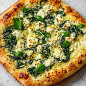Greek roasted garlic spinach white pizza topped with fresh ingredients
