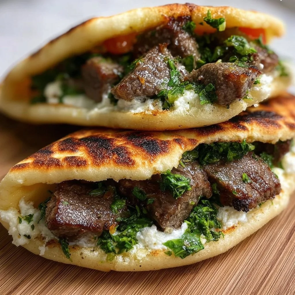 Grilled lamb pita arayes served on a plate with fresh herbs and dipping sauce