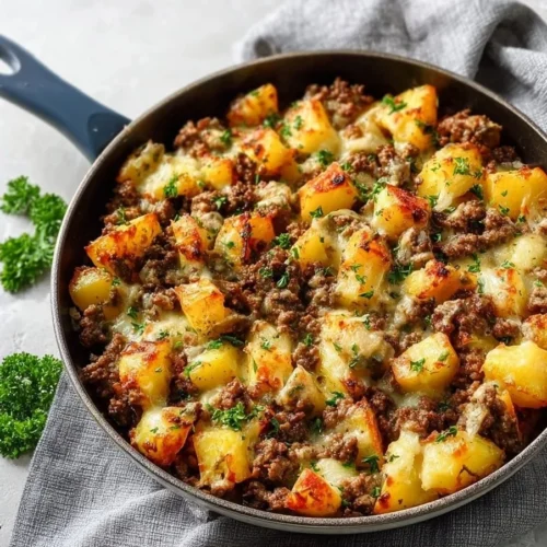 Ground beef and potatoes skillet recipe for a quick weeknight meal.