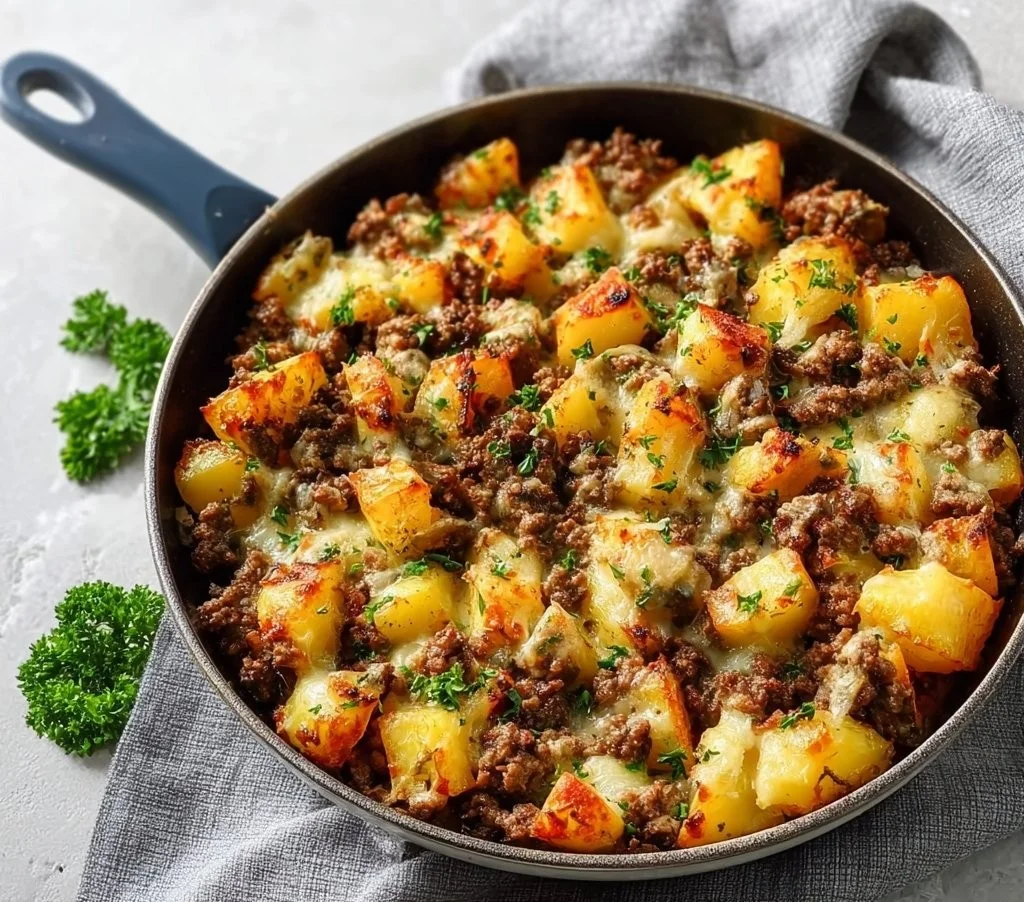 Ground beef and potatoes skillet recipe for a quick weeknight meal.