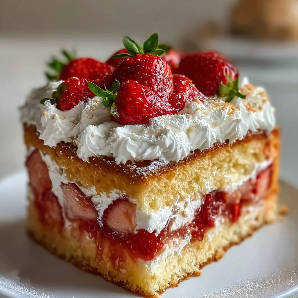 A slice of Heaven on Earth Cake topped with whipped cream and cherries.