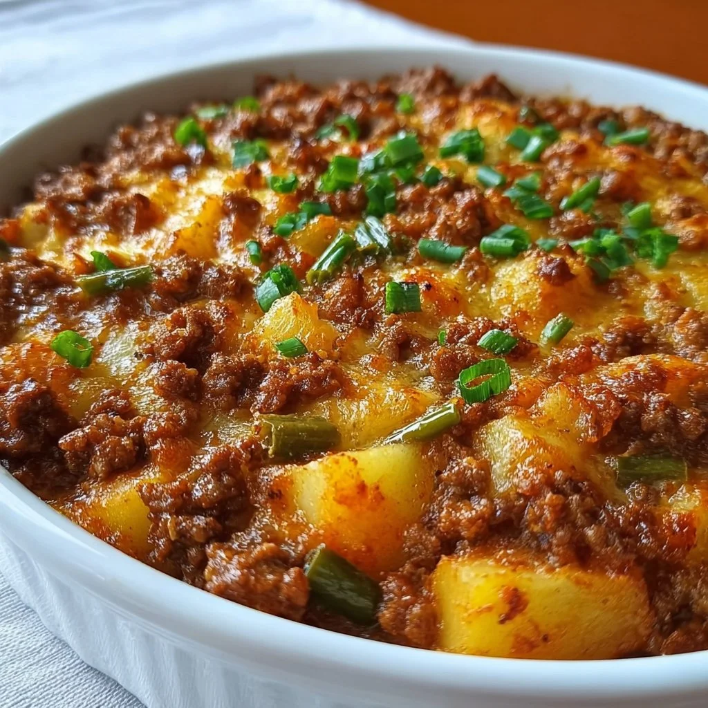 Hobo Casserole with Ground Beef served in a rustic bowl