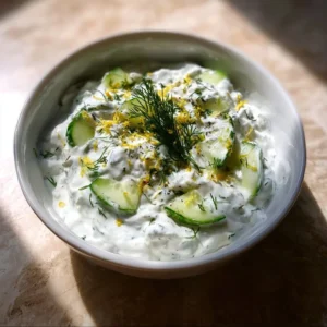Homemade tzatziki sauce with cucumbers and yogurt in a bowl