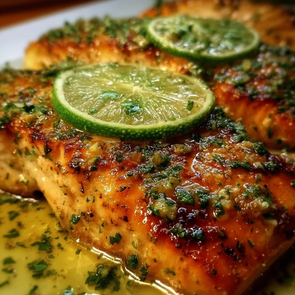 Honey-Lime Garlic Butter Baked Salmon with Fresh Lime Sauce on a plate