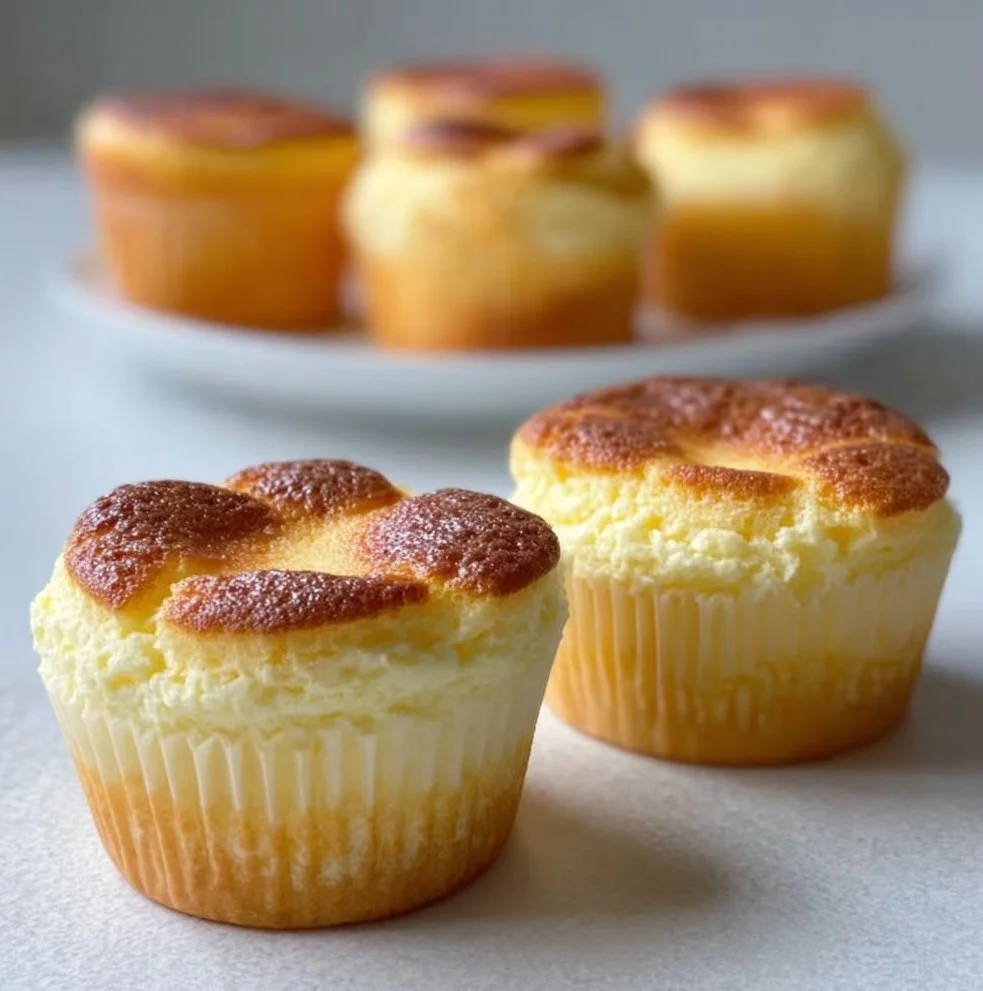 Delicious Japanese cotton cheesecake cupcakes topped with cream and fruits.