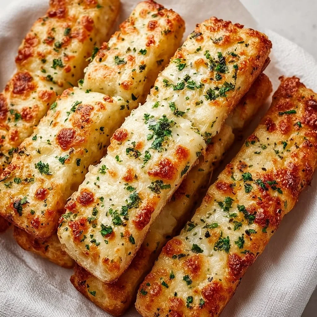 Keto garlic breadsticks served on a plate with herbs, low-carb snack
