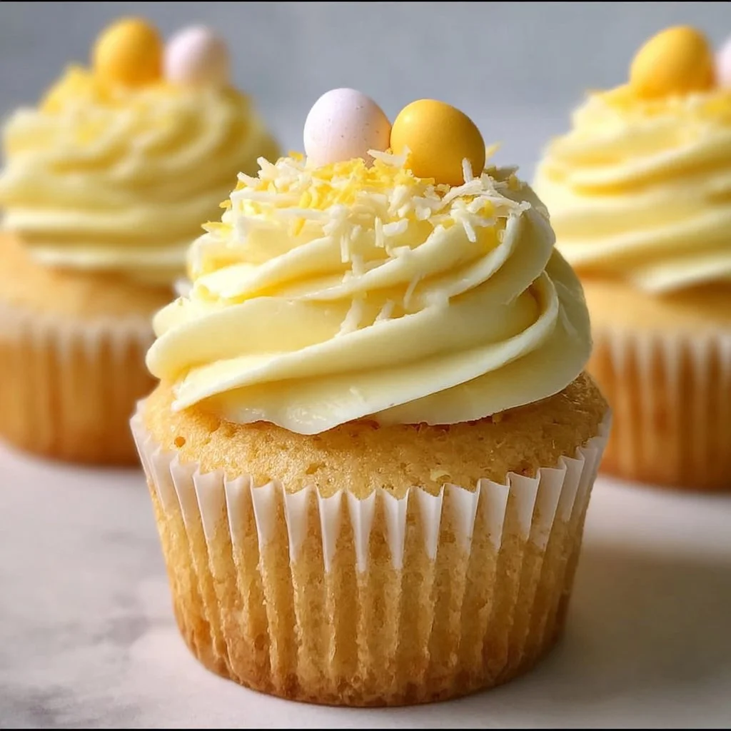 Lemon Curd Easter Cupcakes with frosting and decorative sprinkles