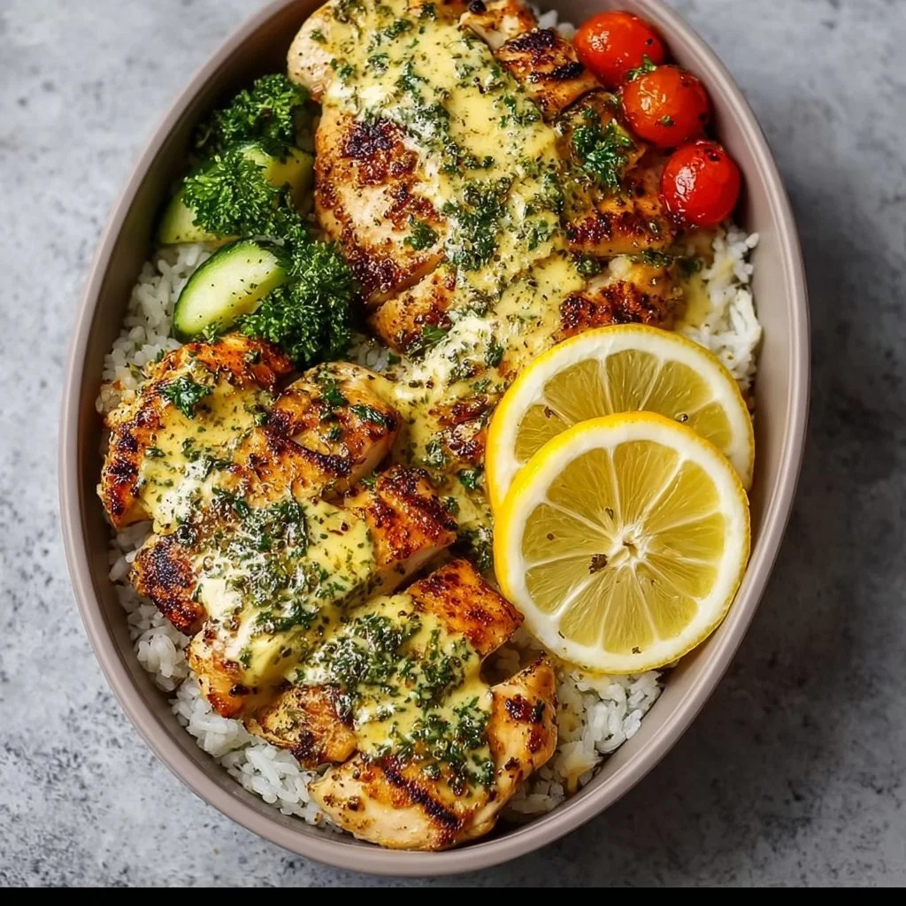 Lemon Garlic Chicken Meal Prep Bowls with fresh vegetables and rice