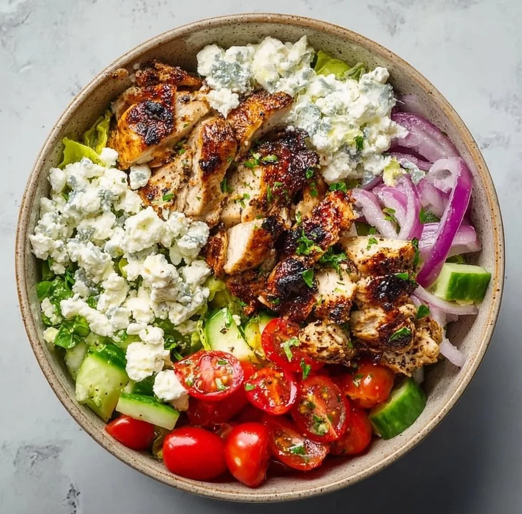 Delicious Low Carb Greek Chicken Bowls with fresh vegetables and flavorful seasoning.