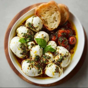 Delicious marinated mozzarella burrata appetizer served with herbs and oil