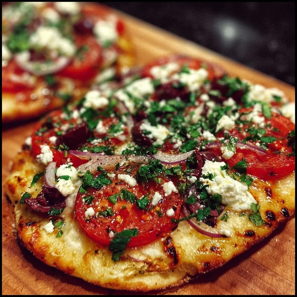 Mediterranean flatbread pizza with fresh toppings and vibrant colors