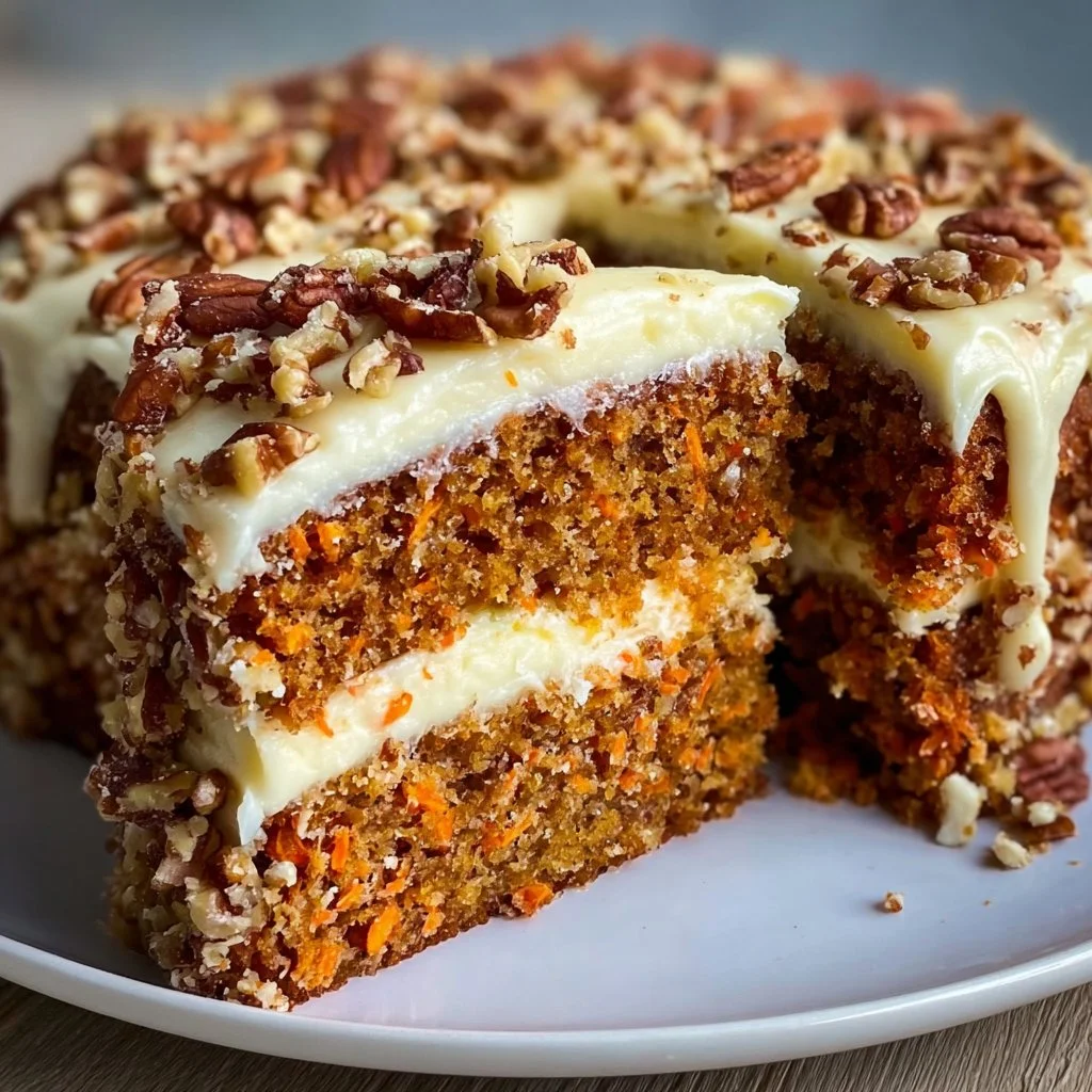 Moist homemade carrot cake topped with cream cheese frosting and walnuts.