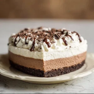 No Bake Brownie Batter Cheesecake topped with chocolate and brownie chunks