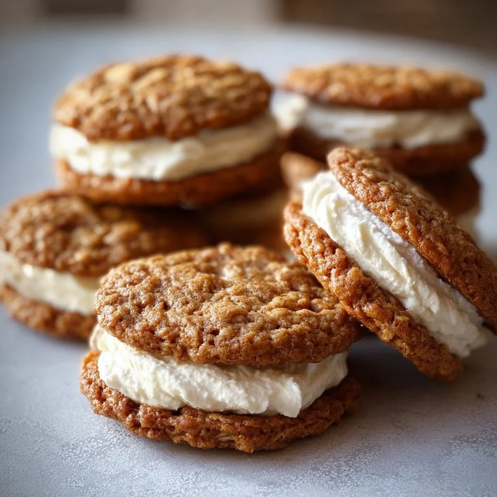 Delicious homemade Oatmeal Cream Pies with creamy filling between oatmeal cookies