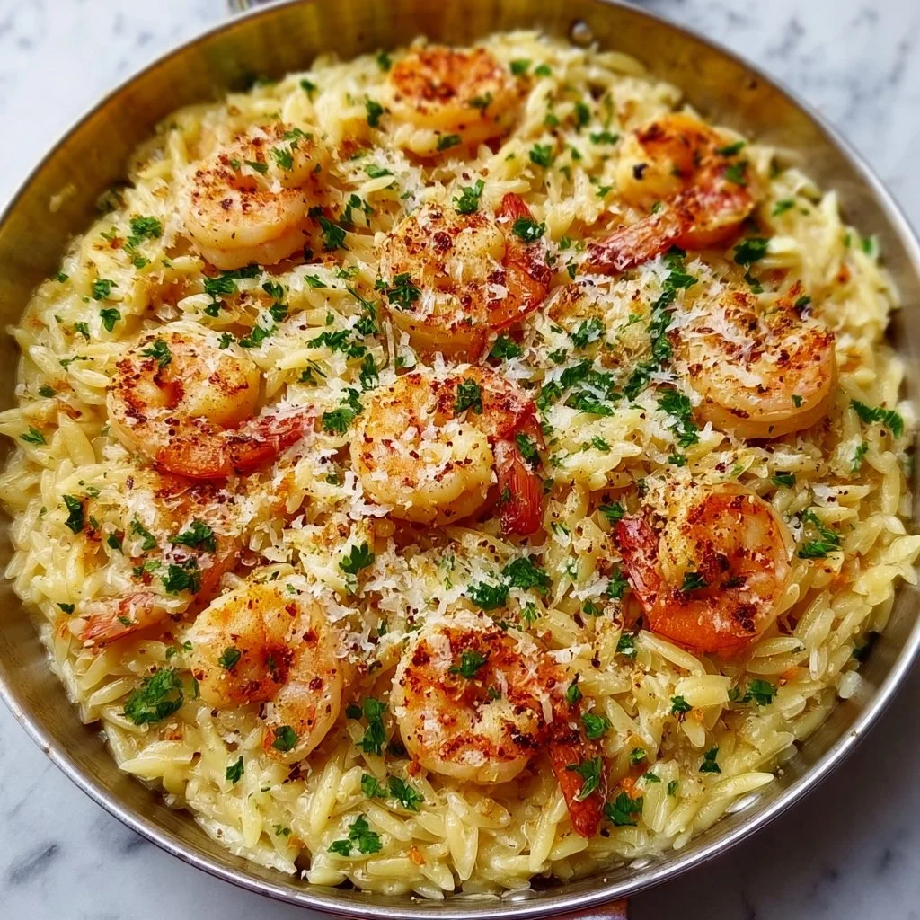 One Pan Parmesan Orzo with Shrimp dish garnished and ready to serve.