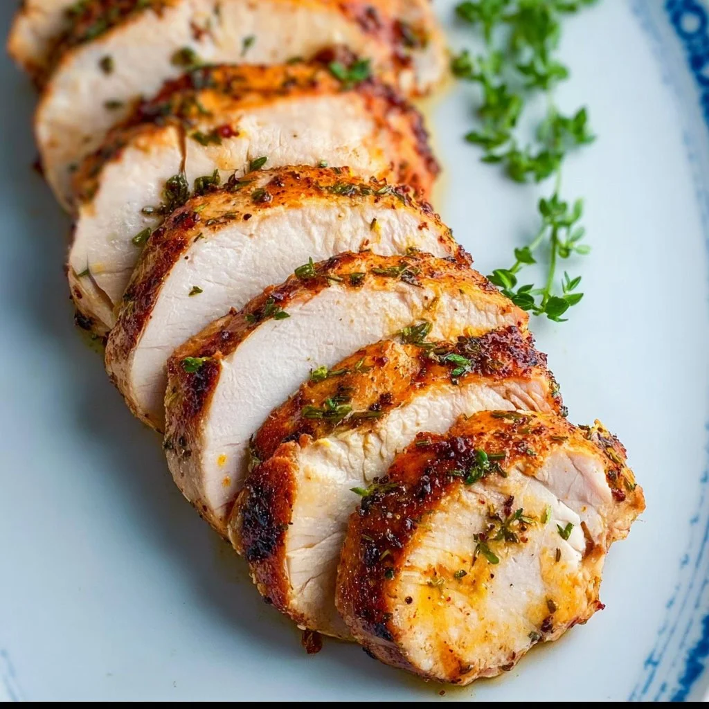 Oven-baked turkey tenderloin served with vegetables and herbs
