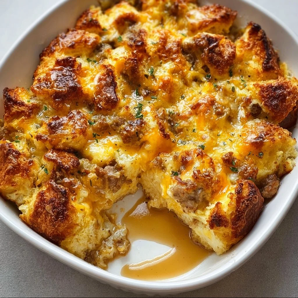 Delicious overnight croissant casserole bake with gravy