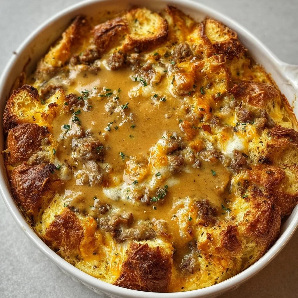 Overnight Croissant Breakfast Casserole Bake with Gravy