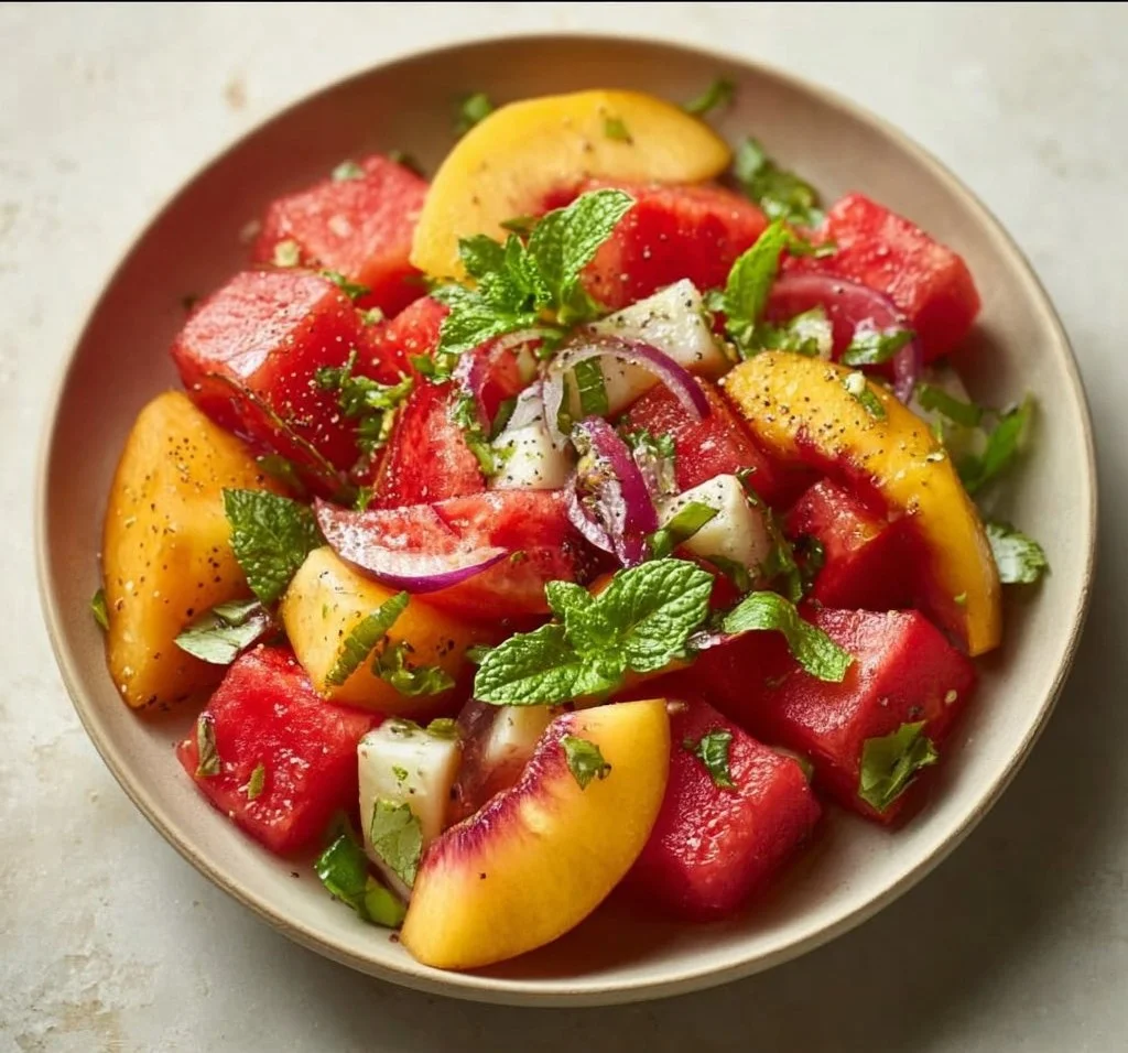 Fresh Peach Watermelon Salad with mint and lime in a bowl