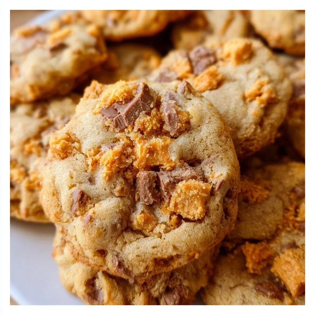 Peanut Butter Butterfinger Cookies on a baking sheet ready to enjoy