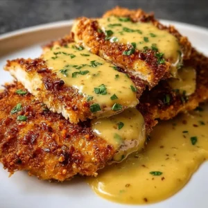 Pretzel-crusted chicken served with creamy mustard cheddar sauce