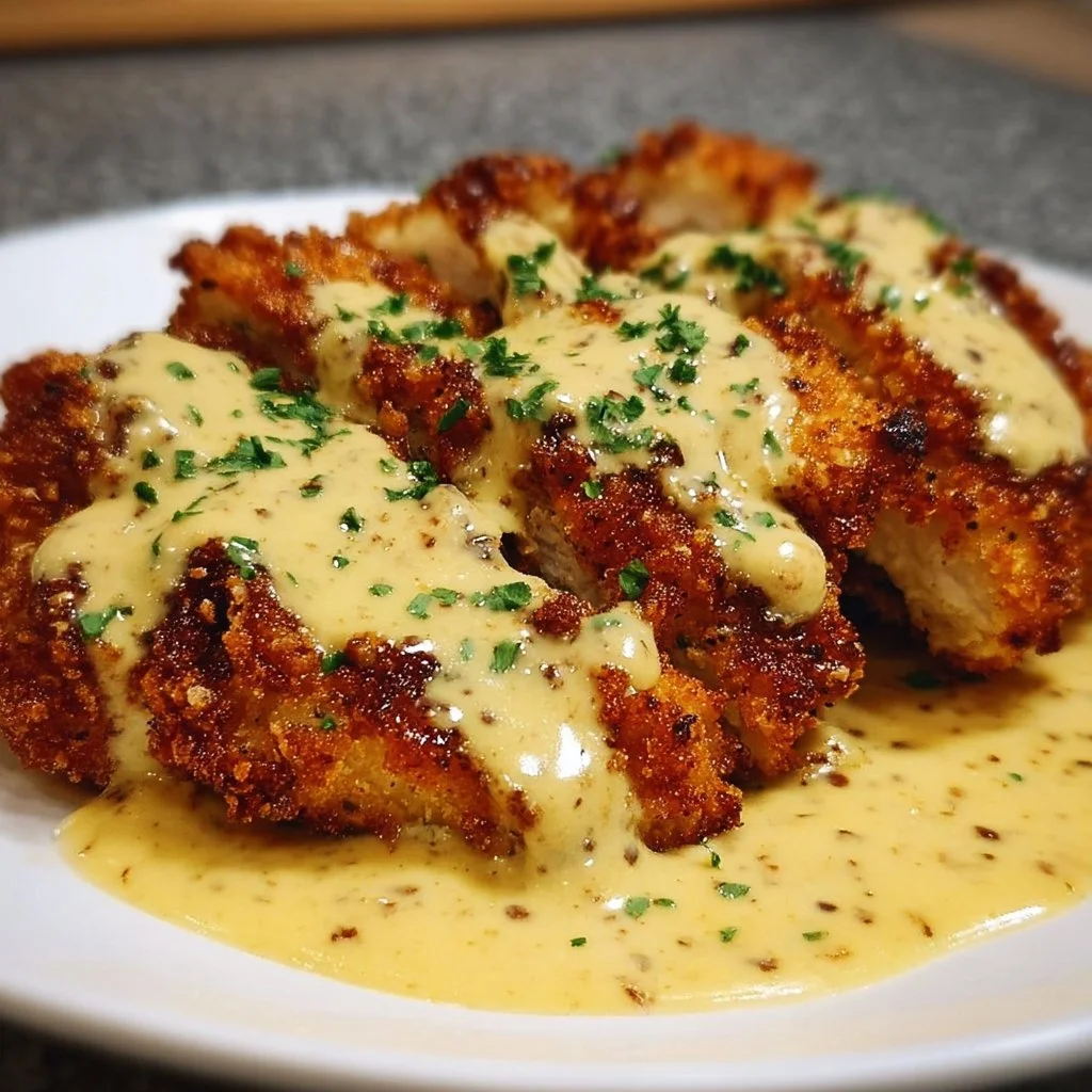 Pretzel-Crusted Chicken with Creamy Mustard Cheddar Sauce