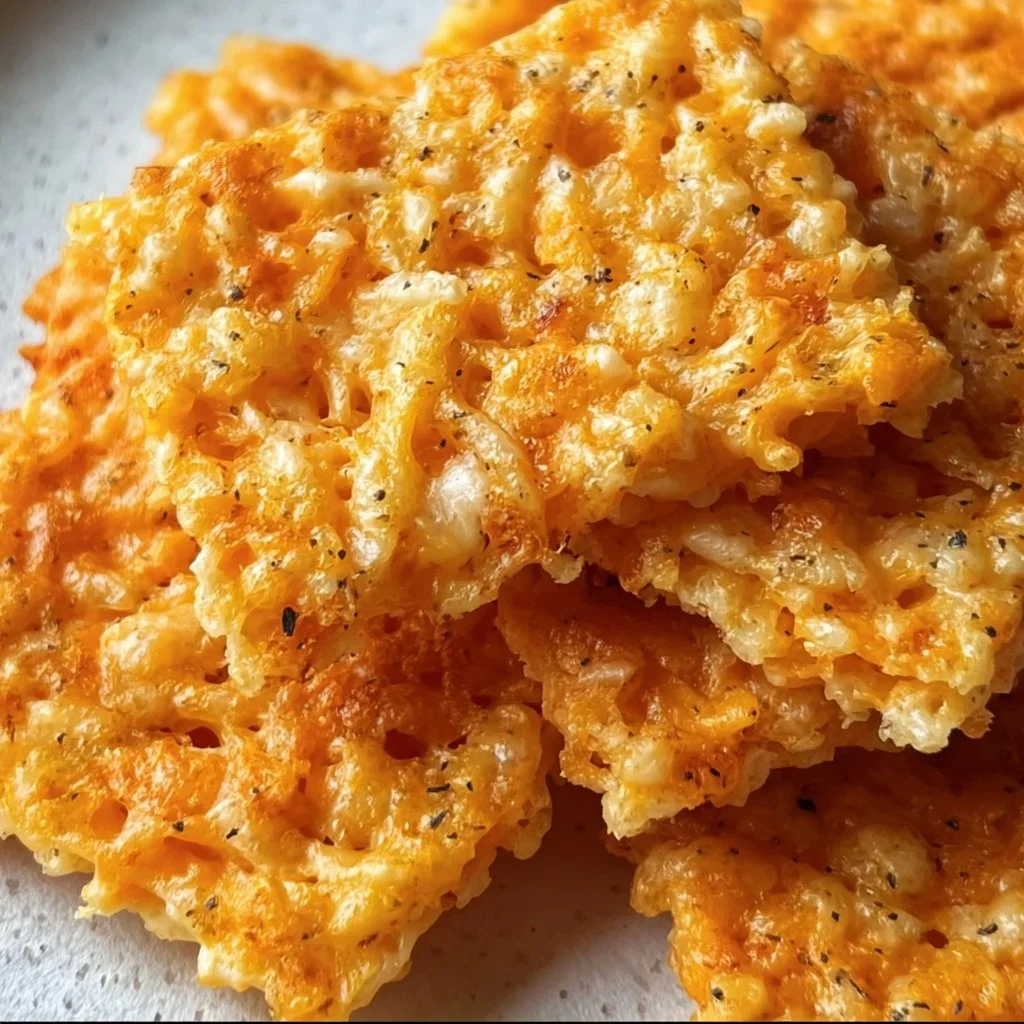 A plate of homemade Rice Krispie Cheddar Crackers, crunchy and savory snack.