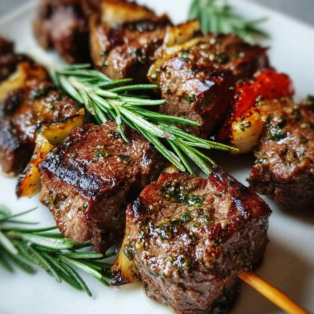 Delicious rosemary garlic steak kebabs on the grill