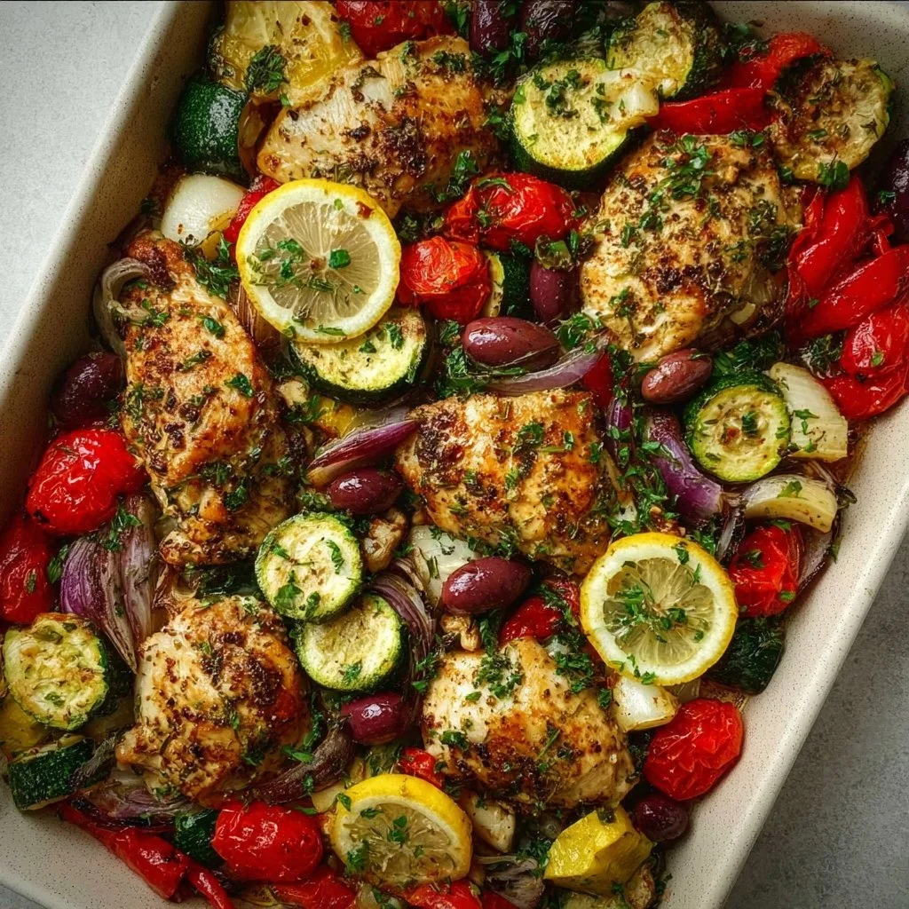 Sheet pan with Mediterranean chicken and zucchini ready for baking