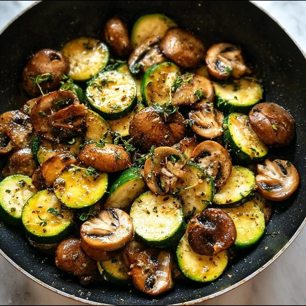 Skillet zucchini and mushrooms dish served in a frying pan