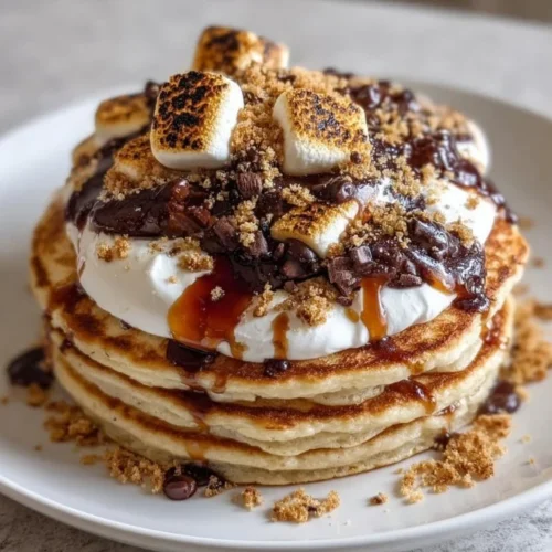 Stack of S'mores Pancakes topped with chocolate and marshmallows
