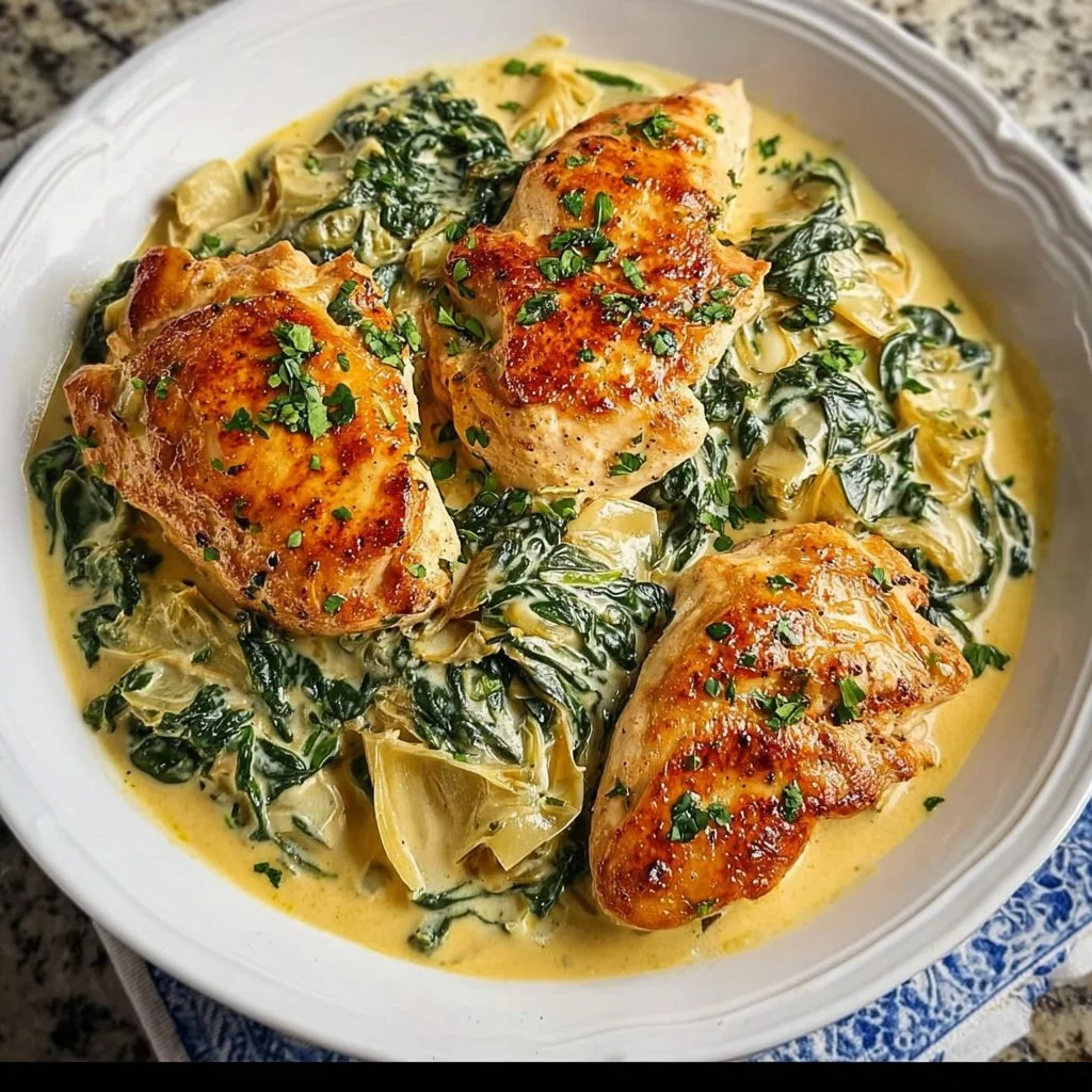 Creamy Spinach Artichoke Chicken dish served on a plate with garnishes