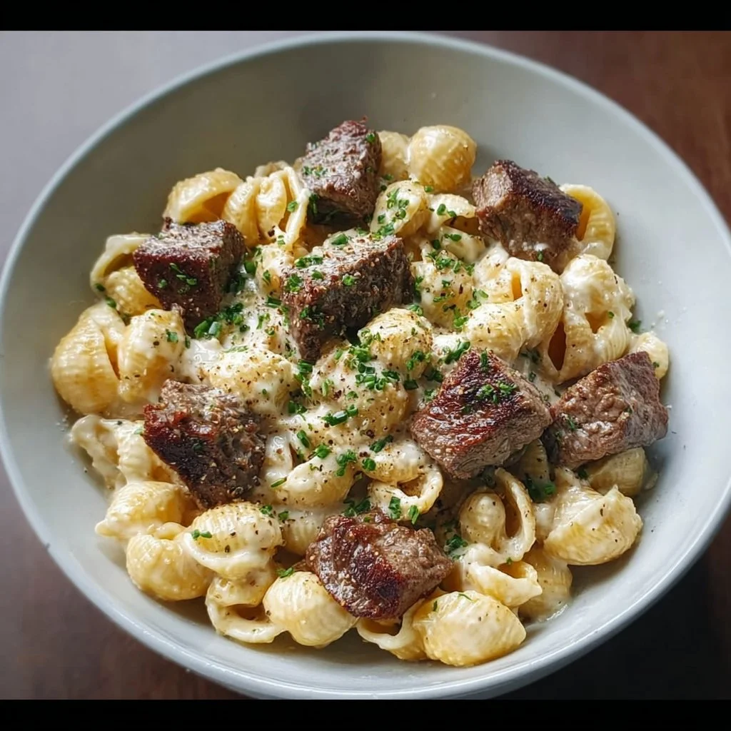 Delicious steak bites served with shell pasta in garlic butter Alfredo sauce