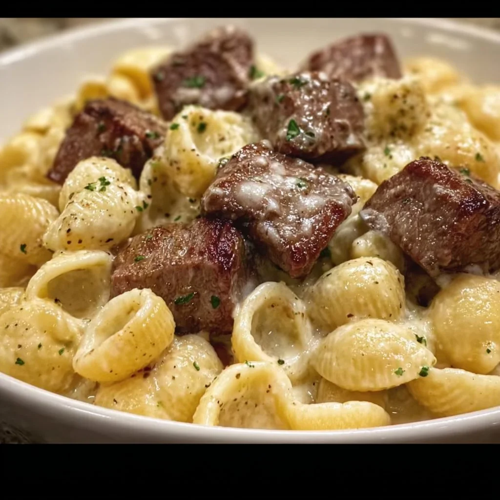 Steak Bites and Shell Pasta in Garlic Butter Alfredo Sauce