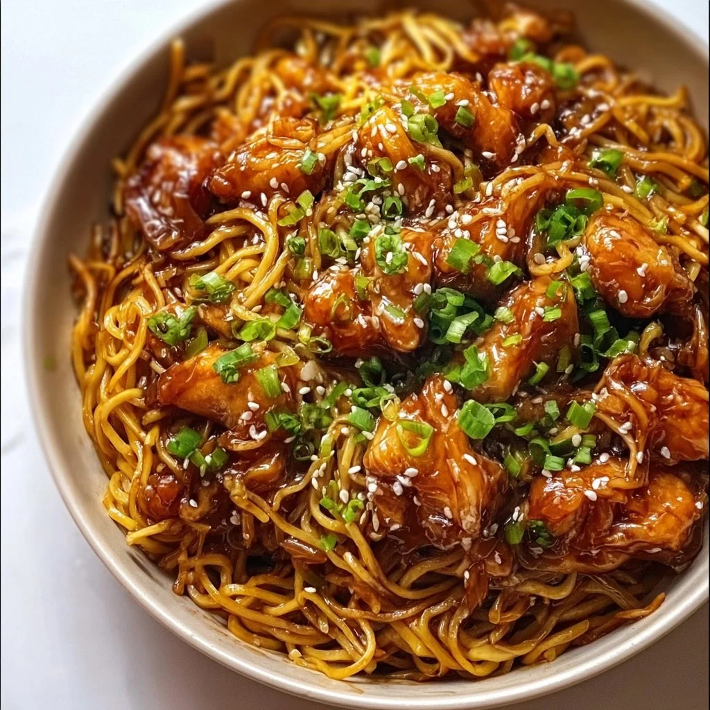 Delicious Sticky Garlic Chicken served with noodles in a savory sauce
