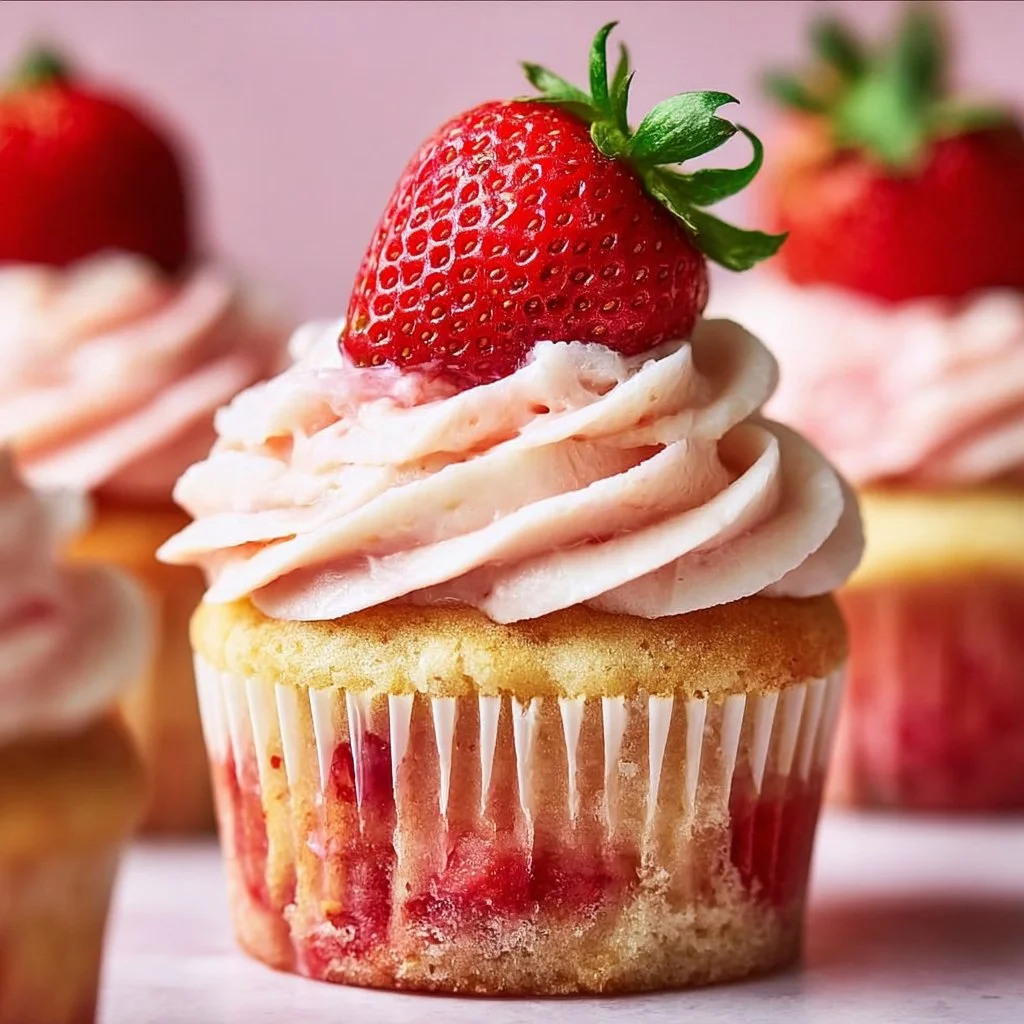 Delicious homemade strawberry cupcakes with fresh strawberries and frosting