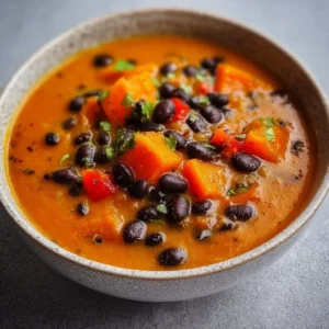 A bowl of sweet potato and black bean soup garnished with herbs