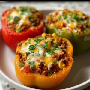 Colorful taco stuffed peppers filled with meat, cheese, and spices