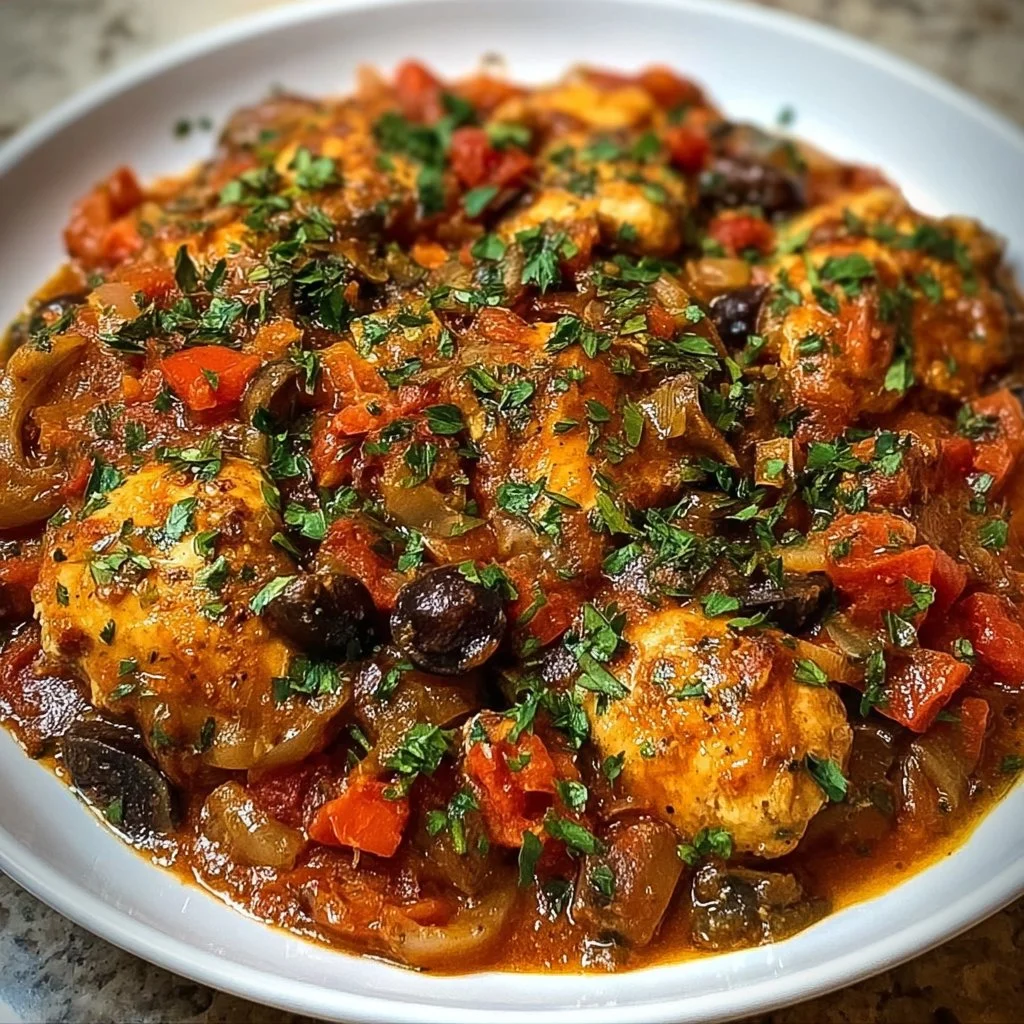 Skillet Chicken Cacciatore with fresh herbs and vegetables in a rustic setting