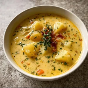 Bowl of Vegan German Potato Soup with fresh herbs and spices.