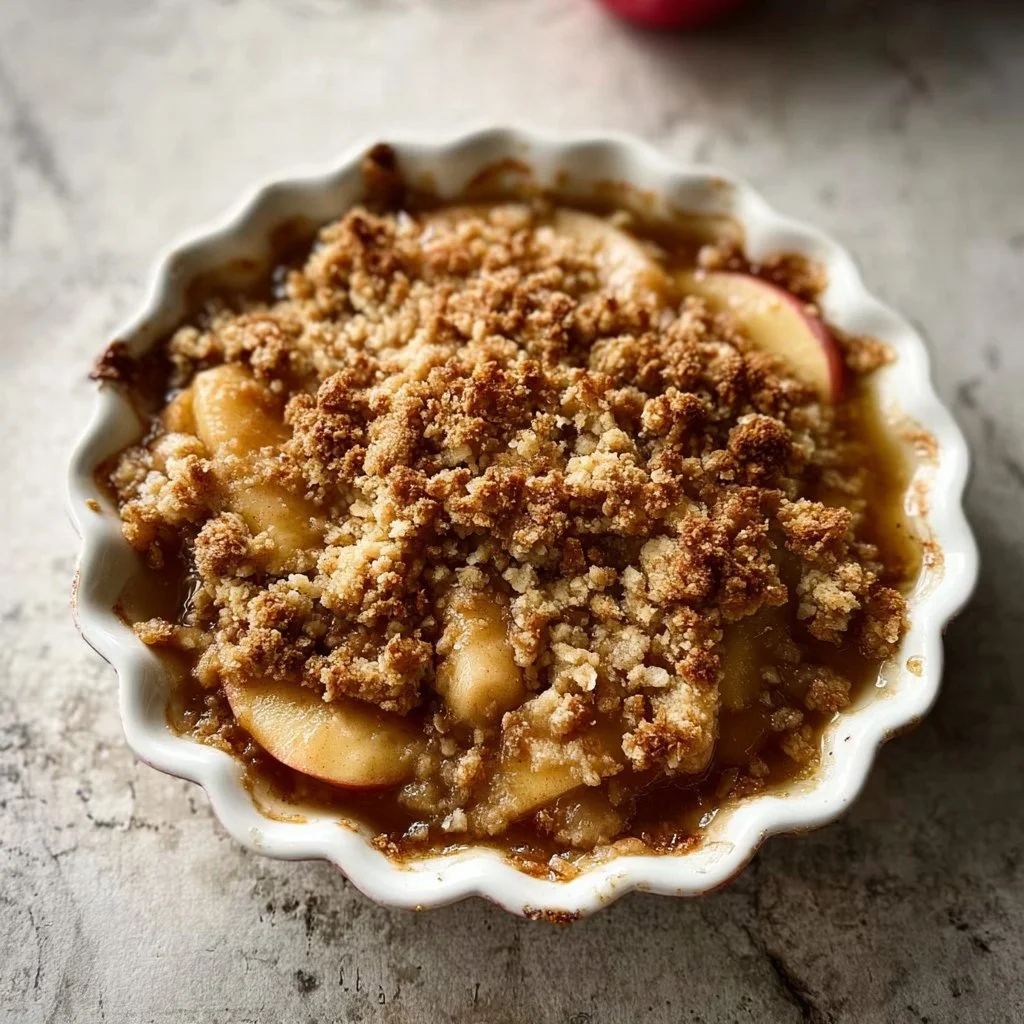 Delicious warm cinnamon-spiced baked apple crumble topped with oats