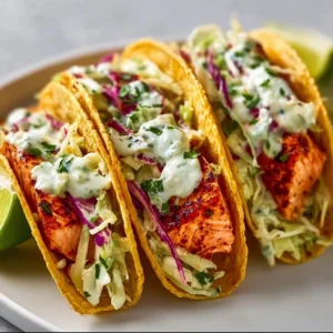 Air fryer salmon tacos garnished with vibrant slaw in a taco shell