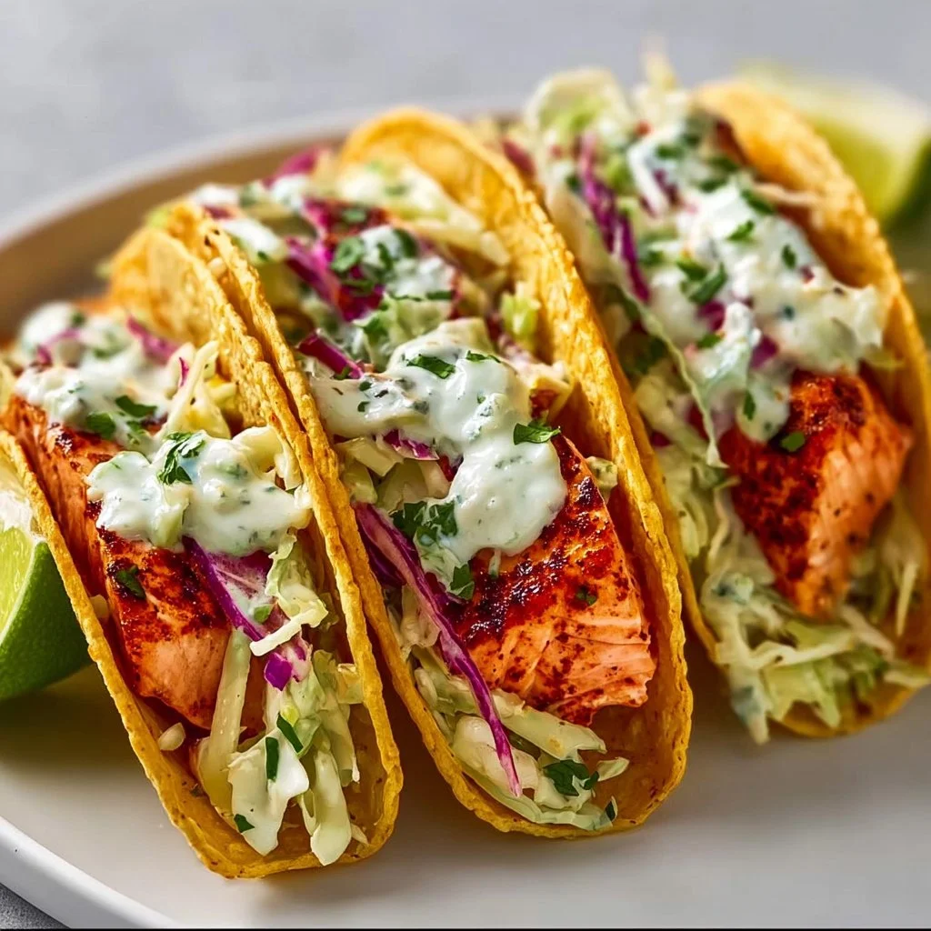 Air fryer salmon tacos garnished with vibrant slaw in a taco shell